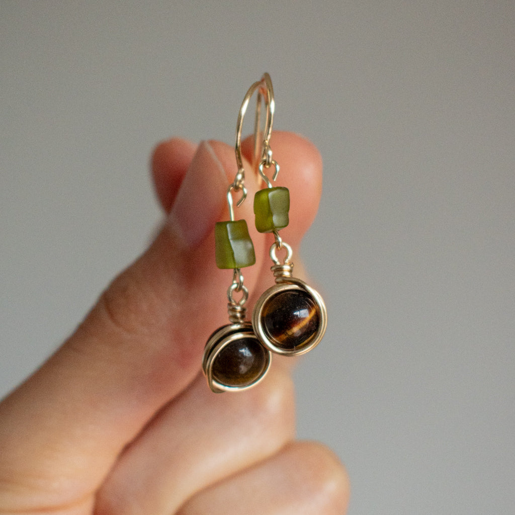 Aretes | piedra ojo de tigre + ojo de gato