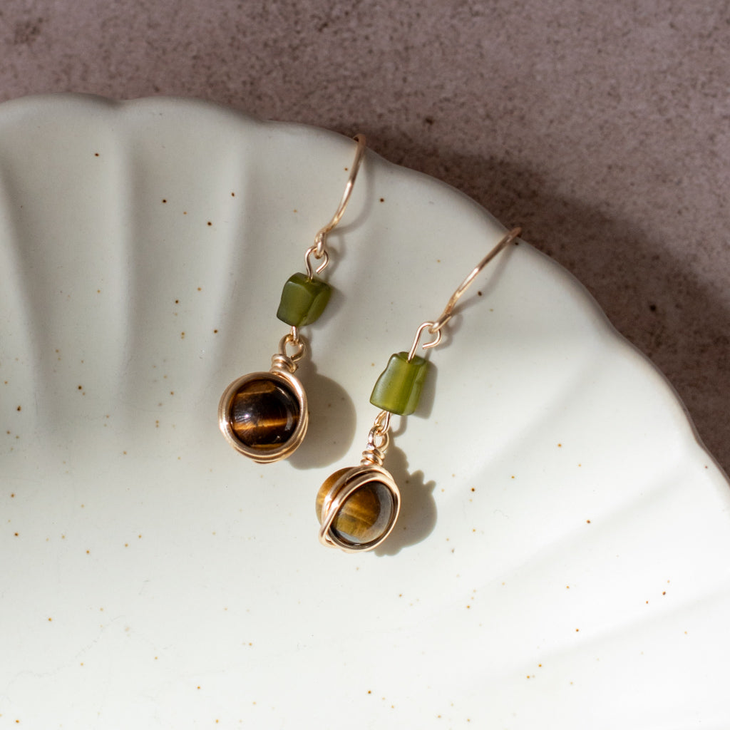 Aretes | piedra ojo de tigre + ojo de gato