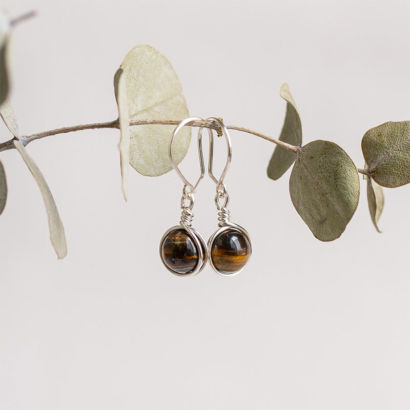 Aretes plateados con piedras ojo de tigre sobre rama con hojas.